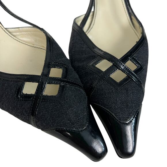 Prada Vintage Y2K Black Tweed Patent Leather Pointed Toe Slingback Kitten Heels - Picture 3 of 7